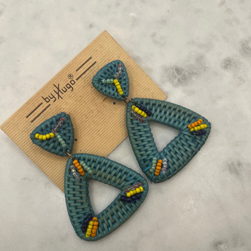 Vintage Teal Straw Earring Hugo Blue Woven Triangle Seed Bead Boho Statement New
